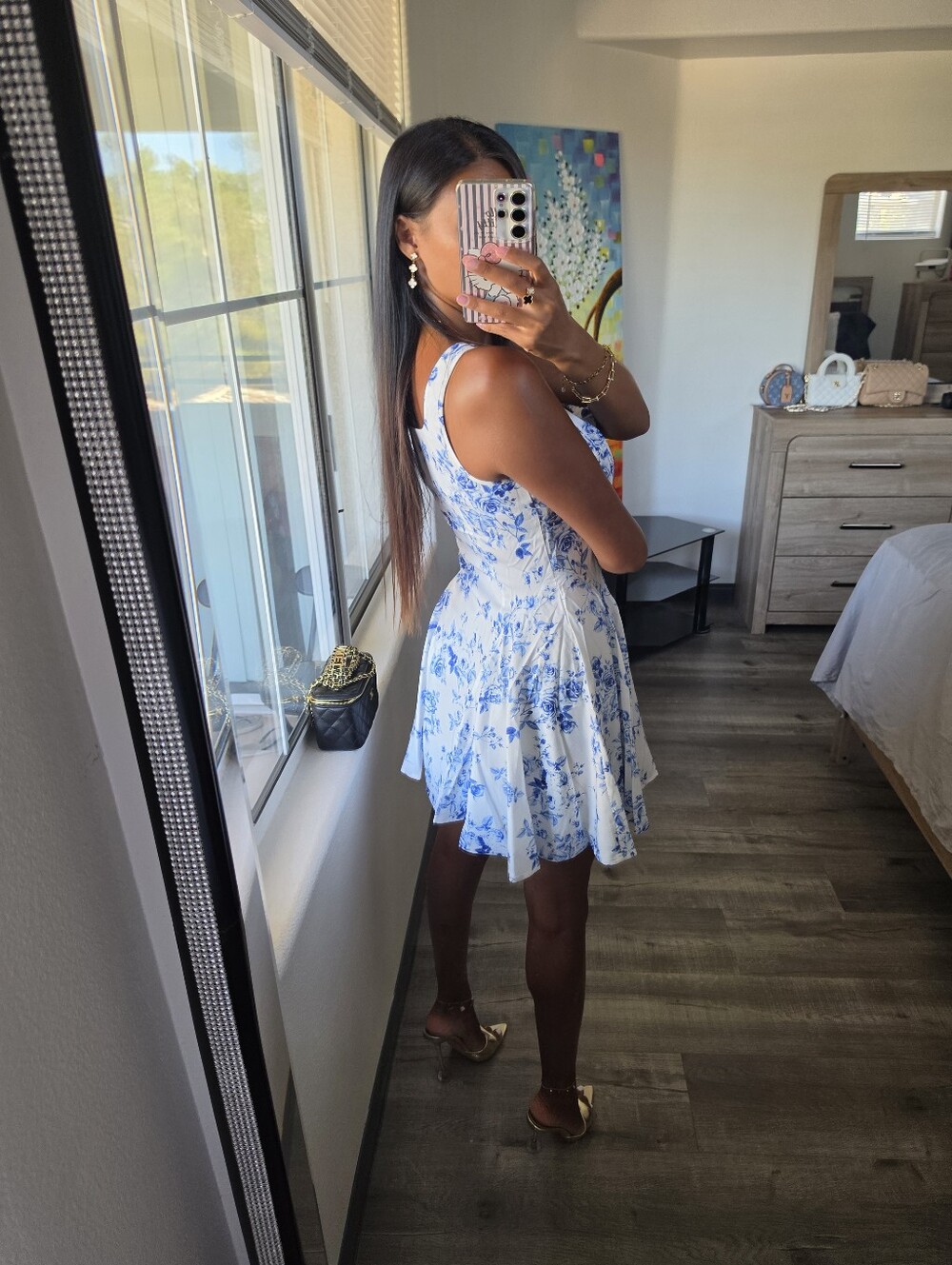 White Mini Dress with Blue Floral Print - Picture 8 of 13